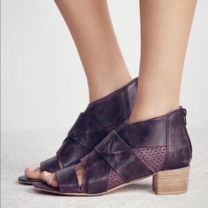 Free People Eclipse Peep Open Toe Booties Purple Genuine Leather Tan Block Heel